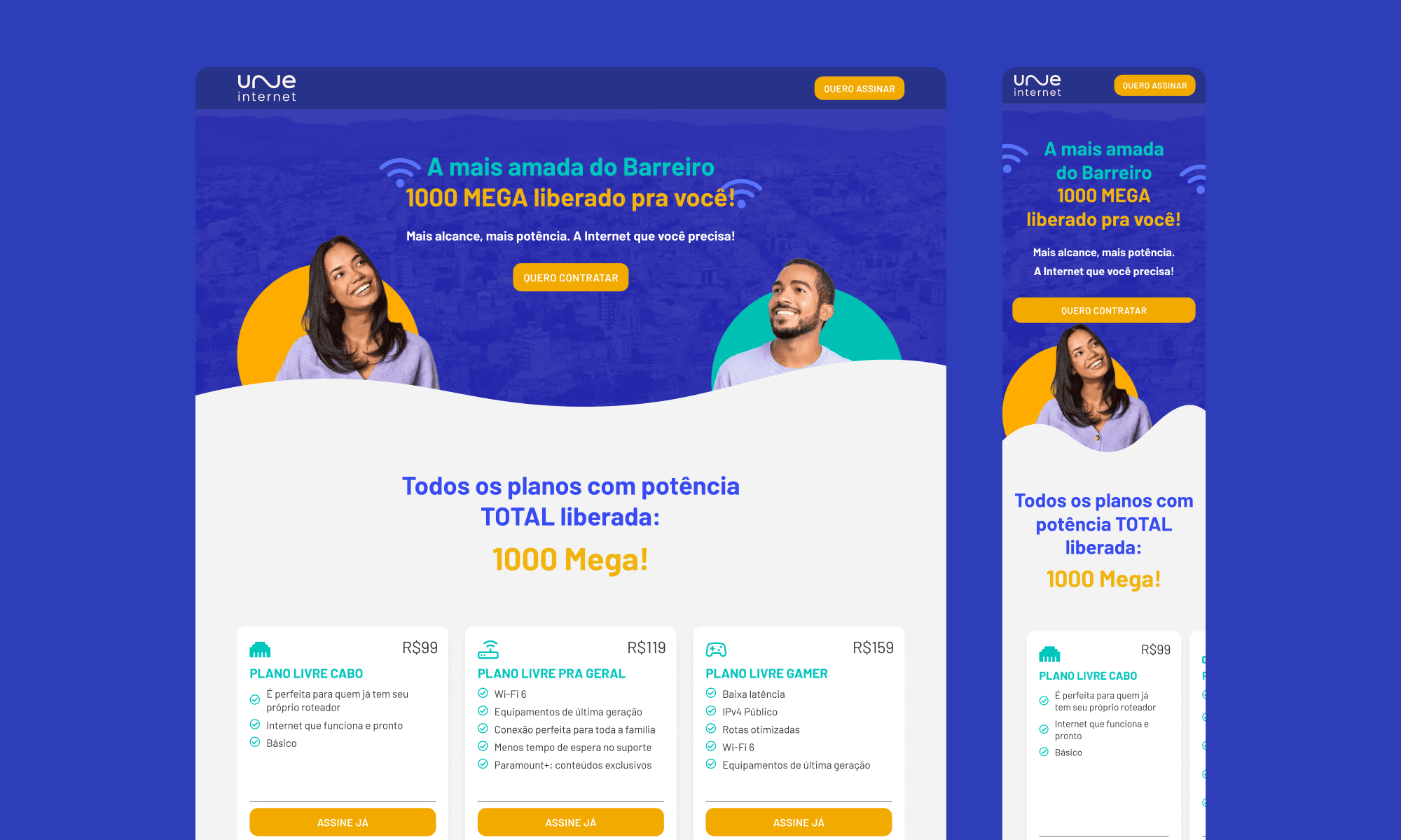 Uma landing page do provedor Une Internet na versão desktop e celular