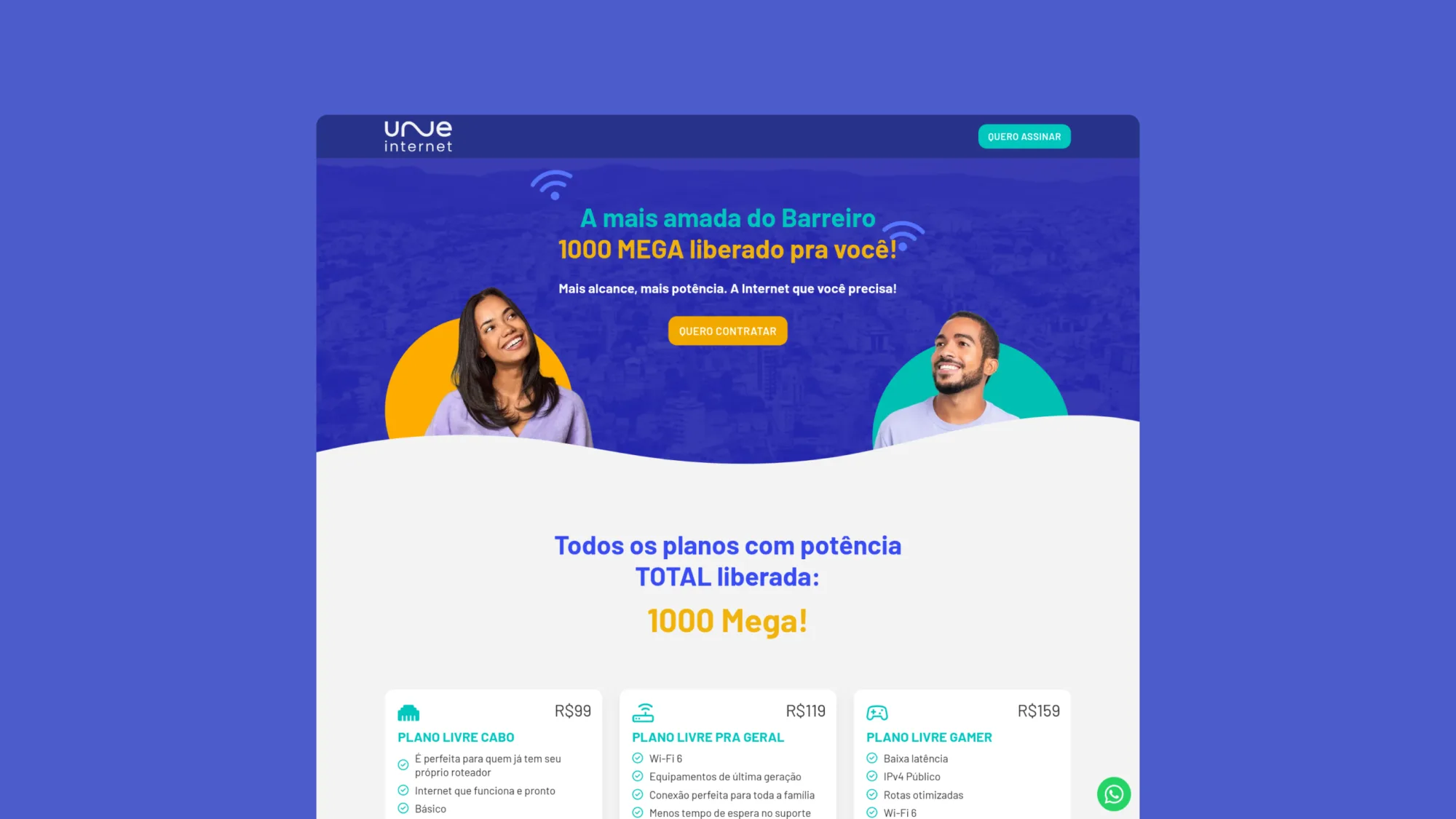 Uma landing page do provedor Une internet, a imagem mostra um homem e uma mulher sorrindo