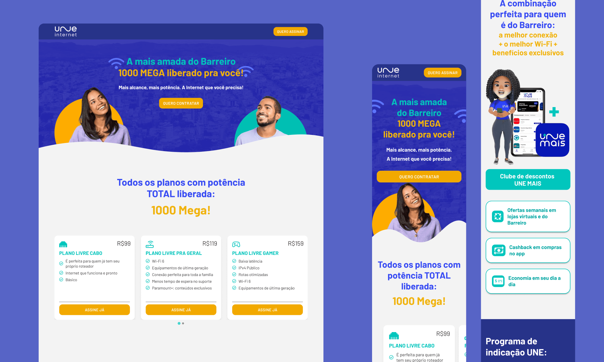 Uma landing page do provedor Une internet, com uma mulher e homem sorrindo. Versão desktop e mobile