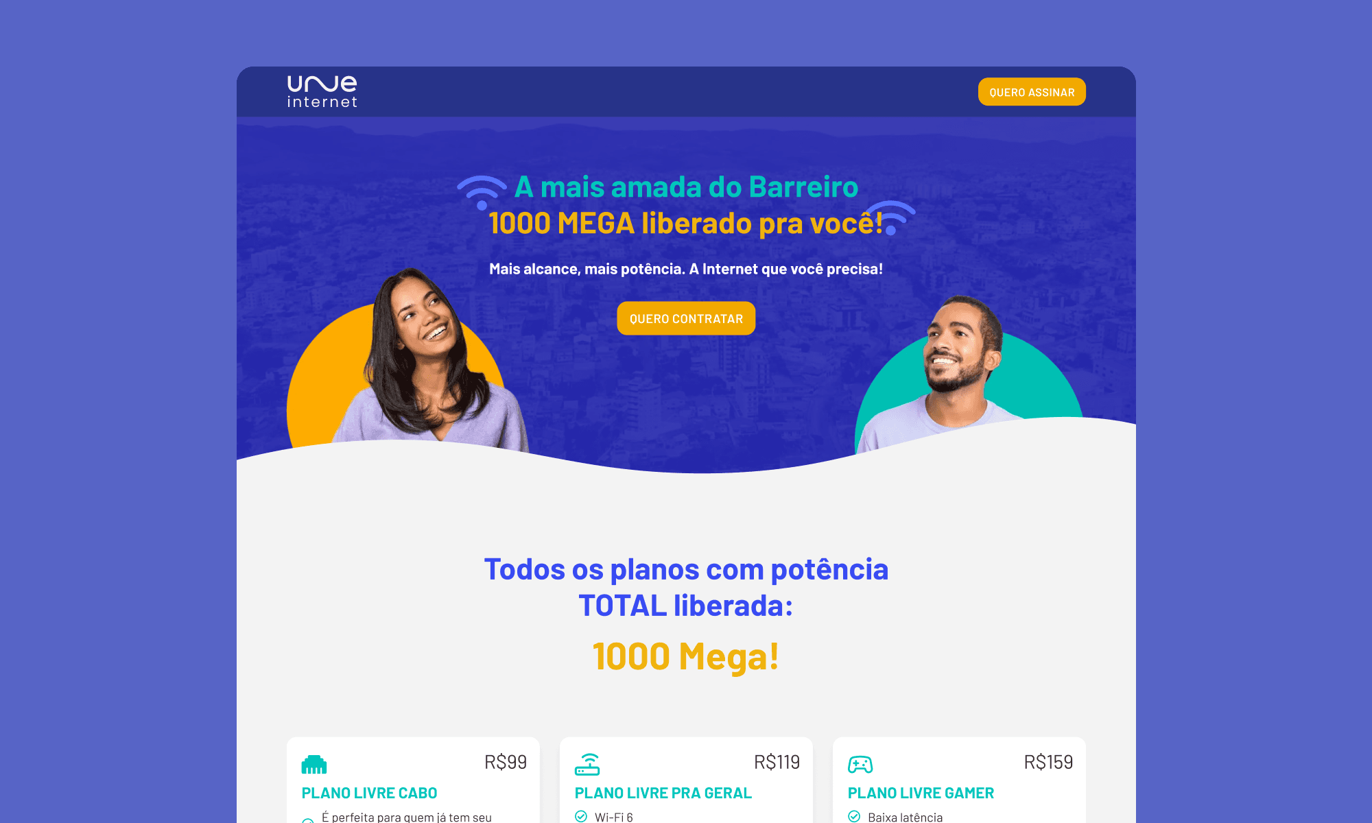 Uma landing page do provedor Une internet, com uma mulher e homem sorrindo